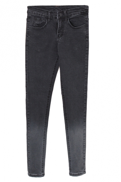Black Faded Zipper Fly Pencil Jeans with Mid Waist