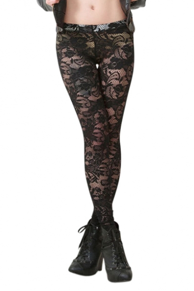 Black Lace Cutwork Fashionable Street Style Leggings - Beautifulhalo.com