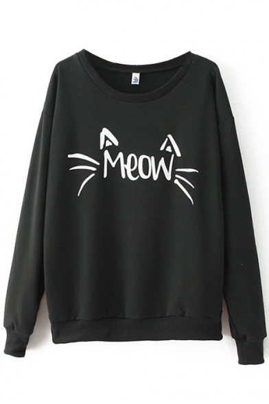Black Letter Meow Print Round Neck Sweatshirt