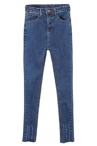 Blue Light Wash Stitch Detail Stretch Denim Jeans with Zipper Fly