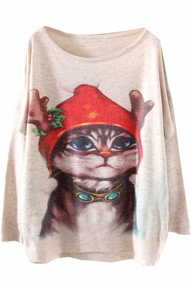 Christmas Cat Print Beige Loose Sweater