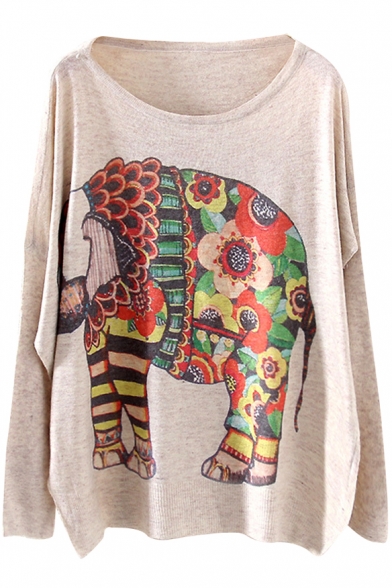 Flower Elephant Print Beige Loose Sweater