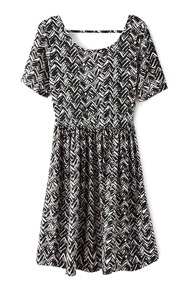 Mono Curve Pattern Print Cutout Back Short Sleeve A-line Dress