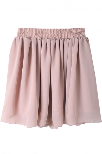 Pink Elastic Waist Pleated Chiffon Skirt