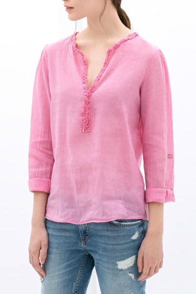 Pink Lace V-Neck Long Sleeve Blouse