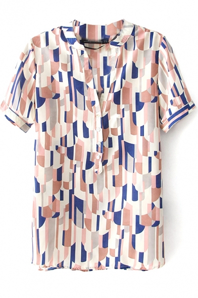Pink Short Sleeve Geometric Print Stand-Up Collar Chiffon Blouse