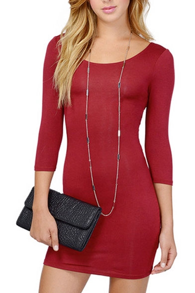 Red 3/4 Sleeve Cutout Back Fitted Dress