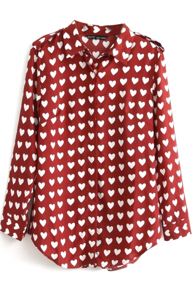 Red Heart Print Long Sleeve Chiffon Shirt