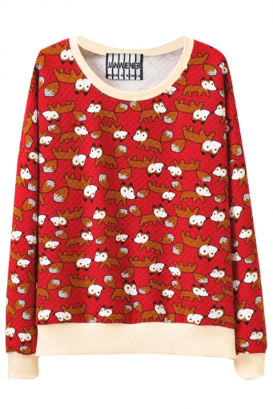 Red Litter Fox Print Round Neck Long Sleeve Sweatshirt