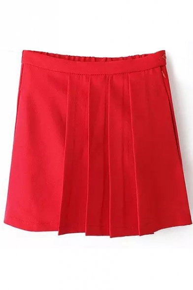 Red Plain Zip Fly Ruched Mini Skirt