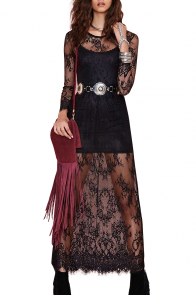 Sheer Lace Sexy Long Sleeve Belted Maxi Dress