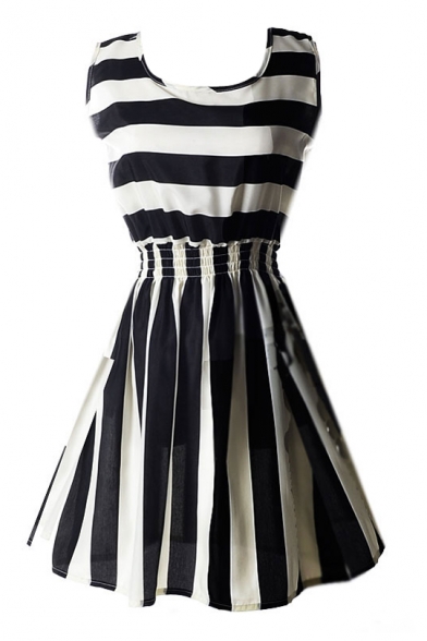 Sleeveless Vertical&Horizontal Stripe Print Dress