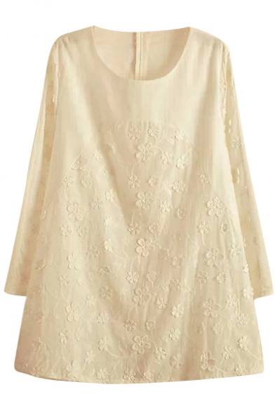 Vintage Elegant Style Flower Applique White Round Neck Smock Dress