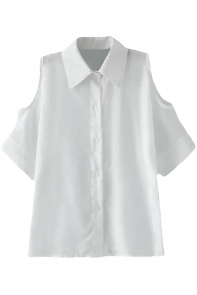 White 1/2 Cutout Sleeve Slim Shirt