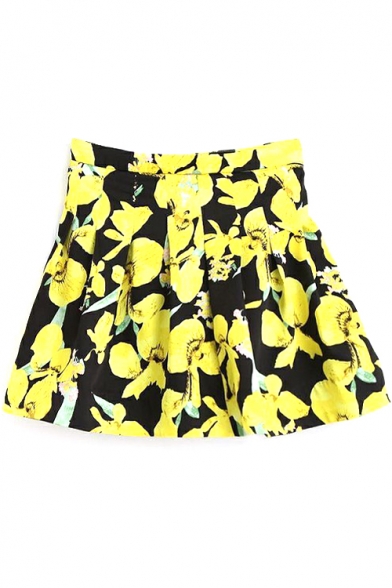 Yellow Floral Print A-Line Pleated Mini Skirt