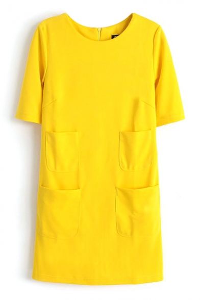 Yellow Four Pocket Half Sleeve Shift Dress