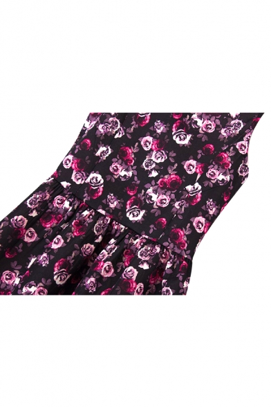 Black Background Pink Rose Print A-line Dress - Beautifulhalo.com