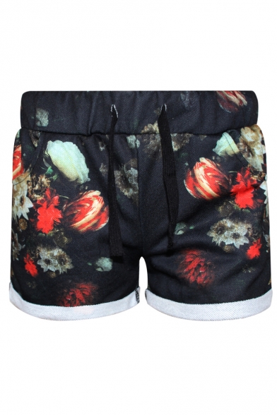 Black Floral Painting Hooded Hoodie with Shorts