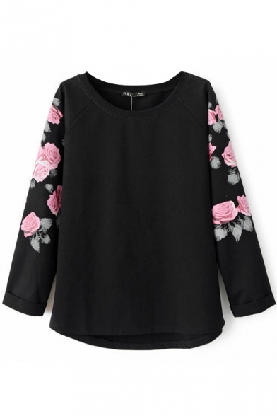 Black Rose Print Long Sleeve Sweatshirt