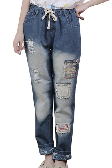 Butterfly Embroidered Ripped Elastic Waist Wide Leg Jeans