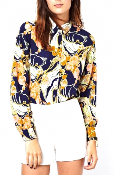 Floral Print Point Collar Long Sleeve Blouse
