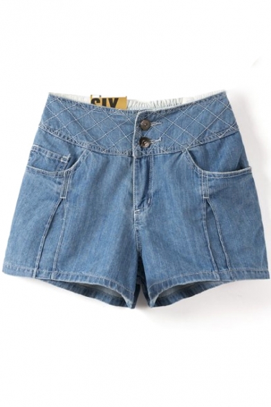 Light Blue High Waist Pockets Zippered Shorts