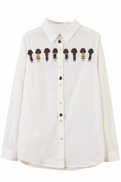 Little Cute Girl Embroidery White Cotton Shirt
