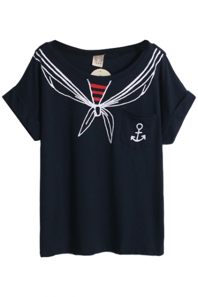 Navy Style Short Sleeve Round Neck Tee with Pocket Front