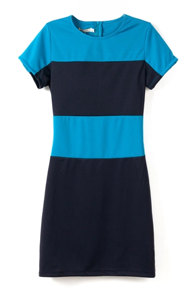 Short Sleeve Blue&Dark Blue Panel Geometry Style Slim Dress