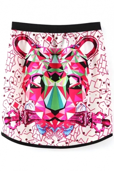 Tiger Head Print Colorful Elastic Waist Pencil Skirt