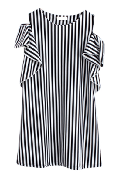 Vertical Stripe Ruffle Cold Shoulder Cotton Column Dress