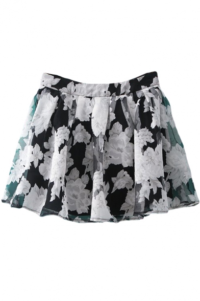 Vintage Flower Double Layer Illusion Style Mini Skirt