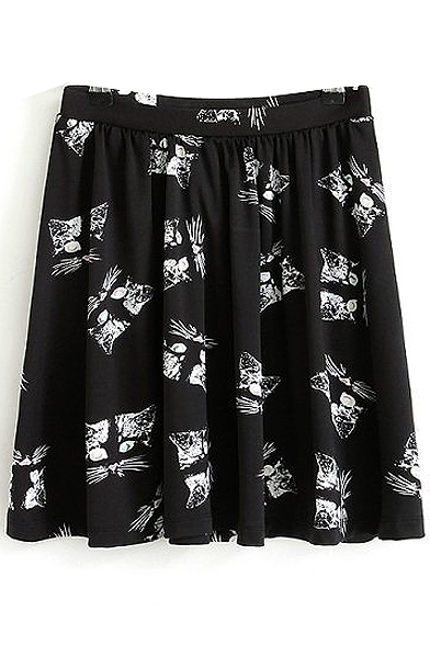 Black Elastic Waist Cat Print Ruffle Skirt