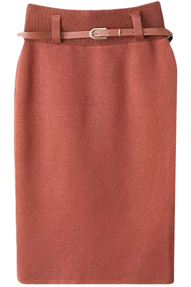 Brown Basic Knitting Pencil Skirt with Belt