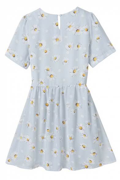 Daisy Print Round Neck Short Sleeve Pleated Dress