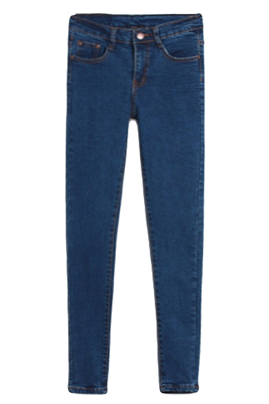 Dark Blue Plain Fitted Pencil Jeans with Zipper Fly