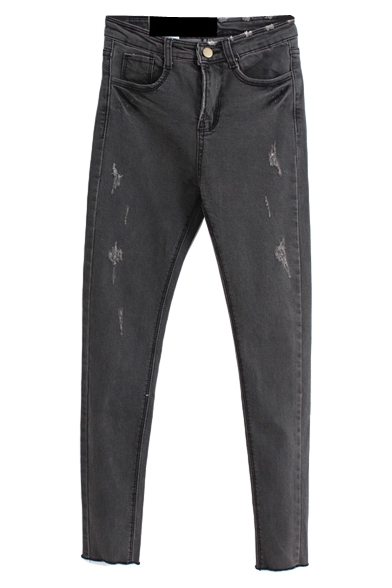 Gray Raw Edge Distressed High Waist Zipper Fly Denim Jeans