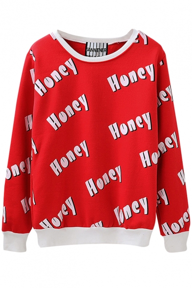 Honey Print Round Neck Fitted Sweatshirt with Long Sleeve