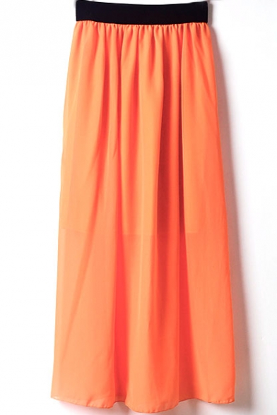 Orange Elastic Waist Chiffon Maxi Skirt
