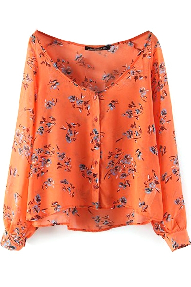 Orange Floral Print V-Neck Long Sleeve Top