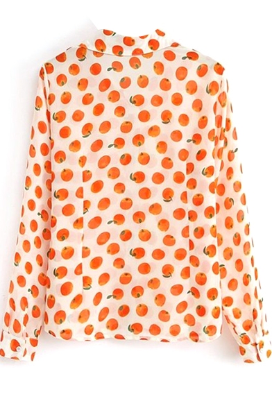 Orange Print Long Sleeve Chiffon Shirt - Beautifulhalo.com