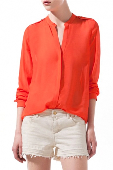 Orange V-Neck Chiffon Concise Shirt