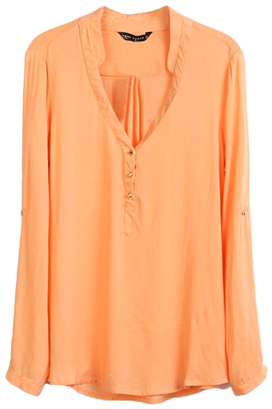 Orange V-Neck Long Sleeve Button Top