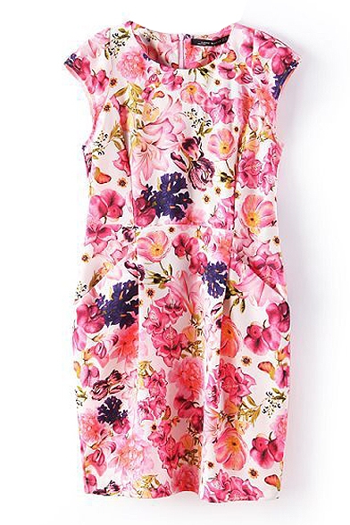 Pink Floral Print Sleeveless Fitted Dress