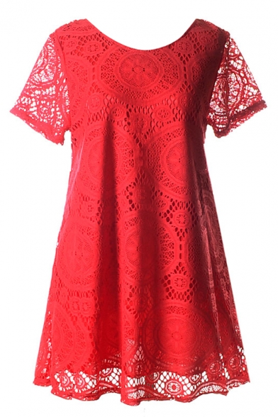 Red Short Sleeve Kaleidoscopic Lace Cutwork Swing Dress
