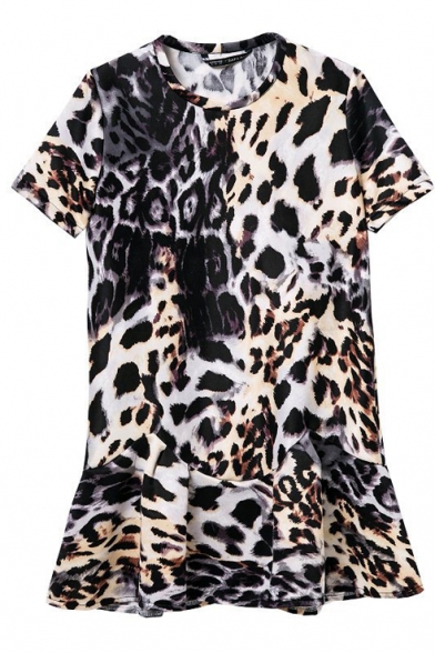 Ruffle Hem Round Neck Short Sleeve Leopard Print Wild Style Dress