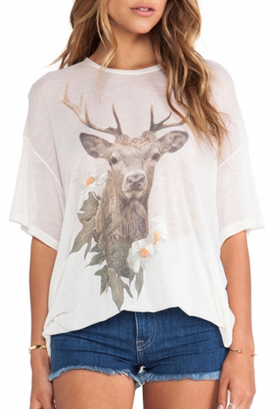 White 1/2 Sleeve 3D Deer Loose T-Shirt
