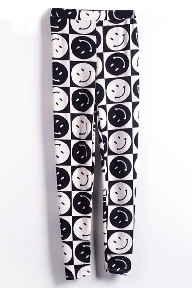 White&Black Smile Face Print Leggings