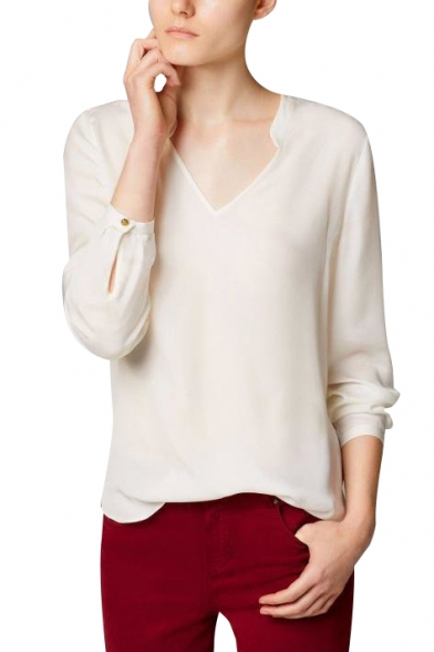 White Long Sleeve V-Neck Blouse By Loose