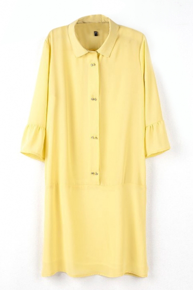 Yellow Lapel 3/4 Sleeve Diamond Buttons Shift Dress